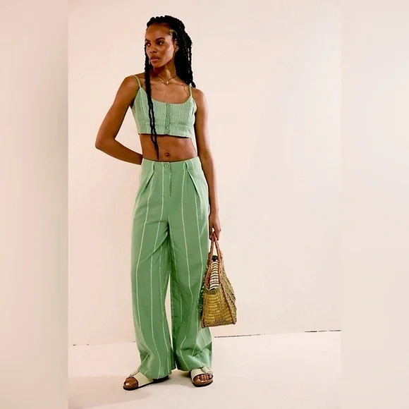 FREE PEOPLE SET Casual Friday Green Stripe Pants & Tank Top - Picture 1 of 16